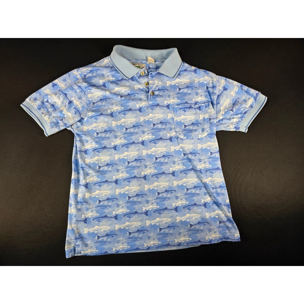 Michael Austin Rugged Wear Mens Blue All Over Fish Print‎ Polo Shirt Medium M